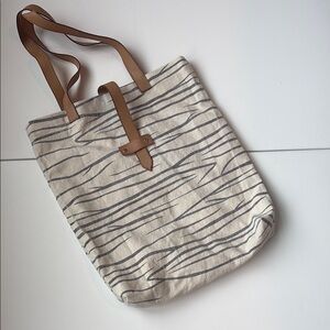 Striped Cotton Canvas Tote Bag with Tan Straps 16h x 15 l x 3 wide